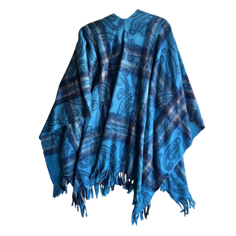 Lusso Italia Vintage Women's Fleece Shawl Cape Paisley Blue Fringed One Size